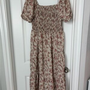 Cream Floral Smocked Midi Dress with Puff Sleeves